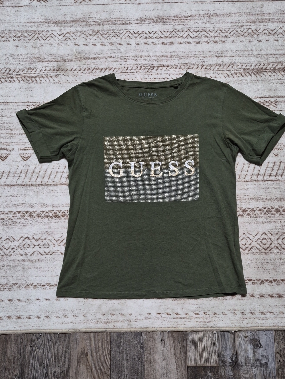 GUESS Olive Green Short Sleeve Tee with Sparkle Logo